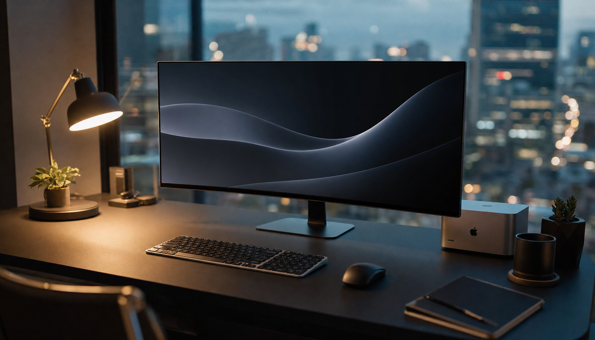 Clean ultrawide OLED monitor with hidden taskbar showing an uncluttered desktop in a dimly lit home office