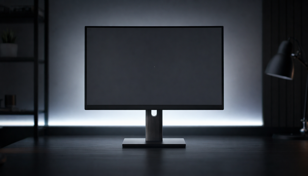 Close-up of a gaming monitor screen showing a faint stuck pixel against a dark test background