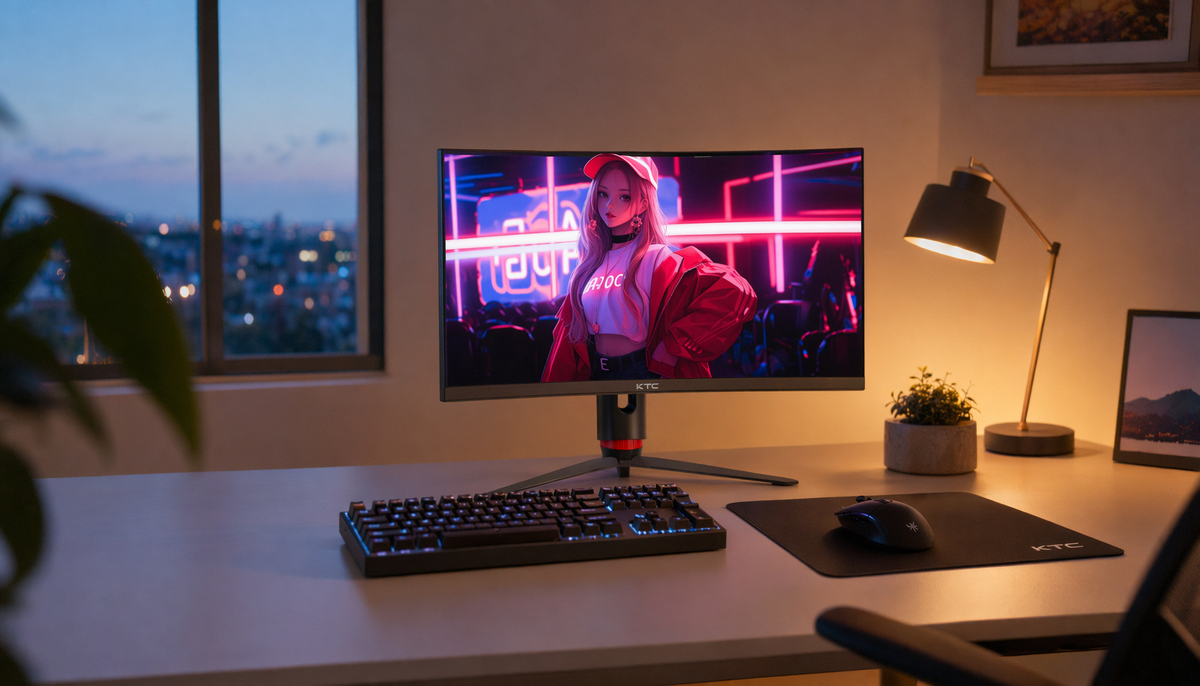 Compact gaming desk setup in a small apartment with a gaming monitor, keyboard, and mouse at eye level