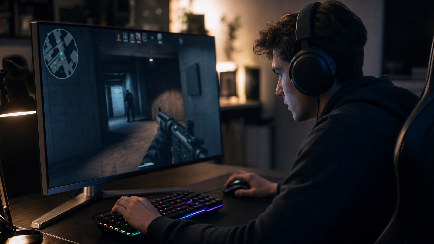 Competitive FPS player adjusting gamma settings on a gaming monitor to improve enemy visibility in dark corners