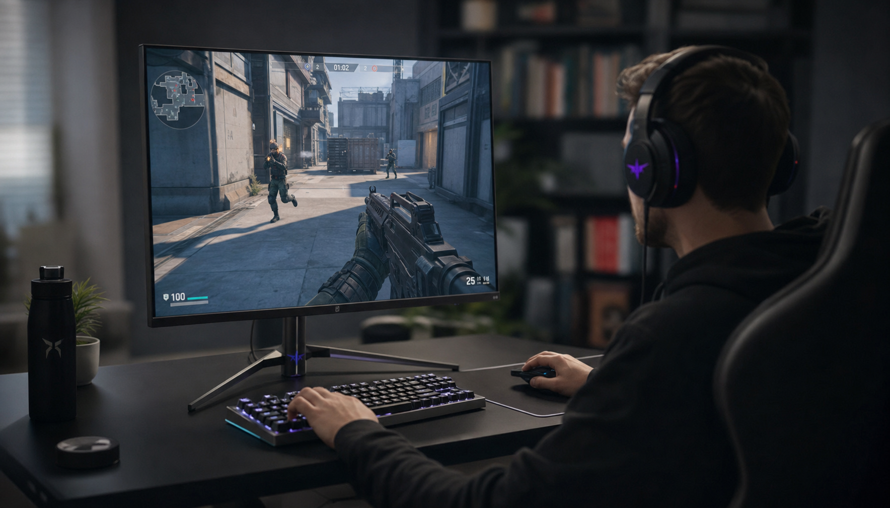 Competitive gamer playing FPS on a high-refresh gaming monitor with motion blur disabled for sharper target tracking