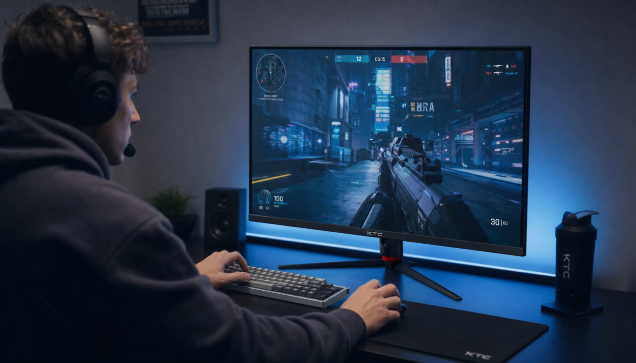 Competitive gamer playing a 1440p shooter on a 27-inch 144Hz gaming monitor at a dark battlestation setup
