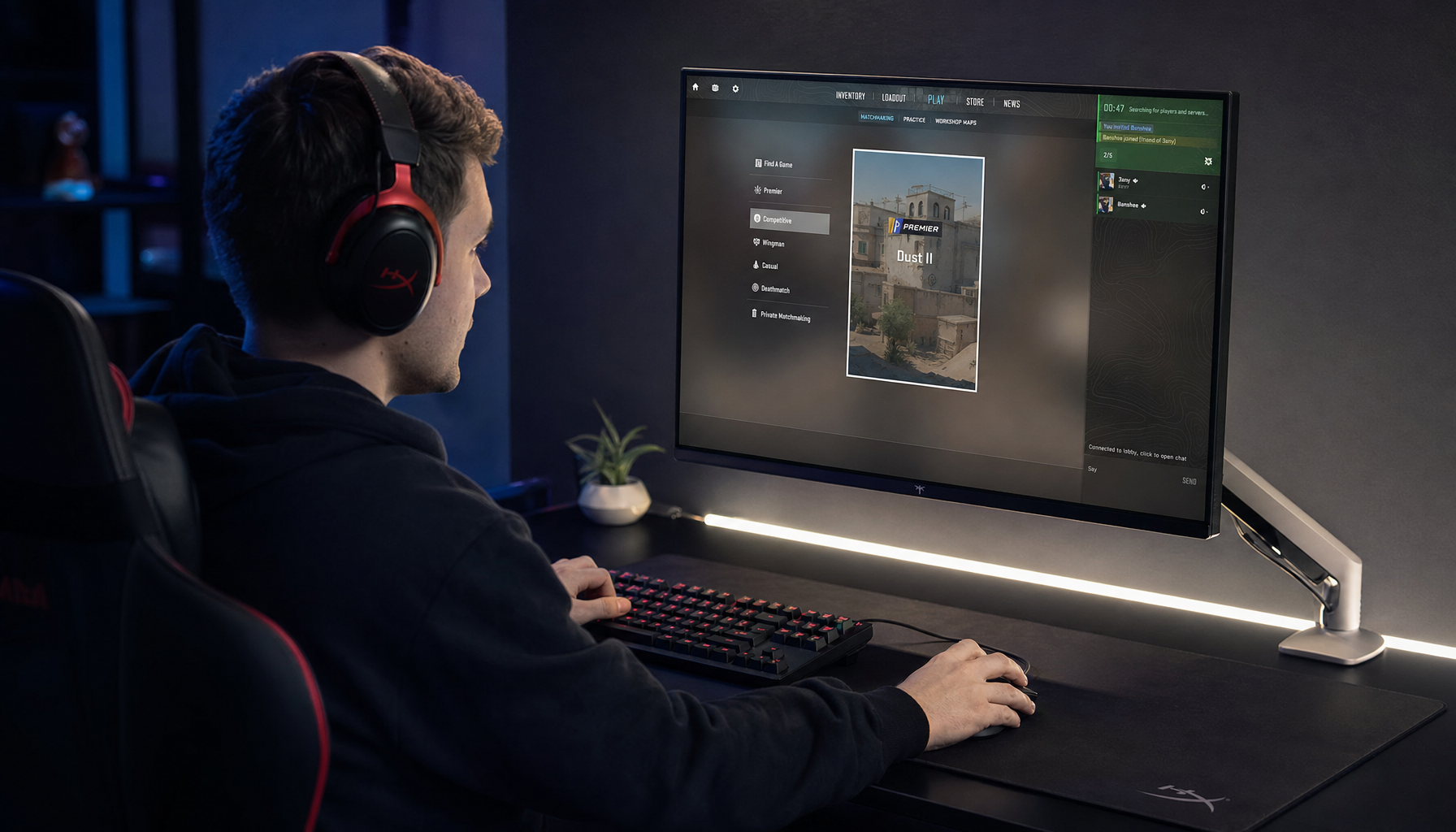 Competitive gamer seated at a gaming monitor preparing for the first ranked match of the session