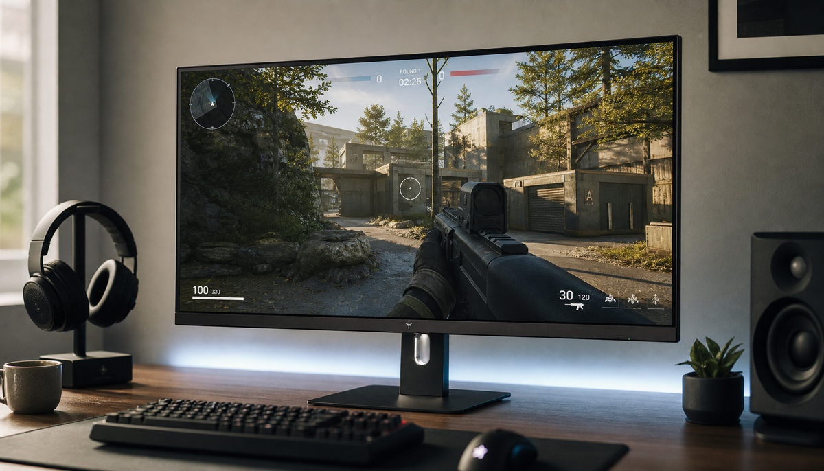 Competitive gaming monitor displaying a first-person shooter with a centered crosshair, representing the 16:9 aspect ratio advantage