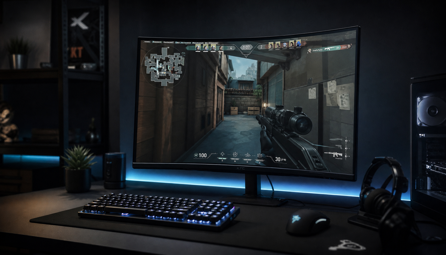 Competitive gaming monitor setup on a dark desk, displaying a fast-paced shooter — illustrating the performance gap between 360Hz and 480Hz gaming displays