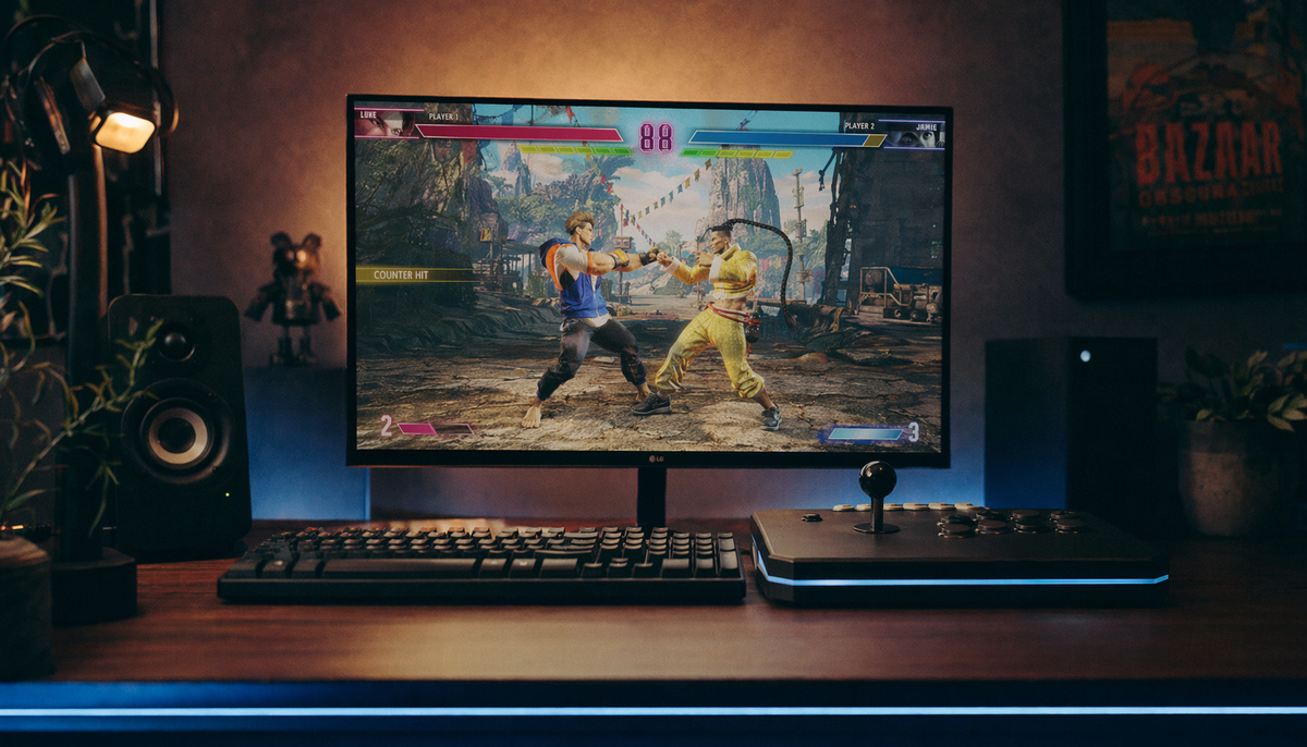 Competitive gaming setup with a high-refresh monitor showing a fighting game mid-match, controller and keyboard on a dark desk