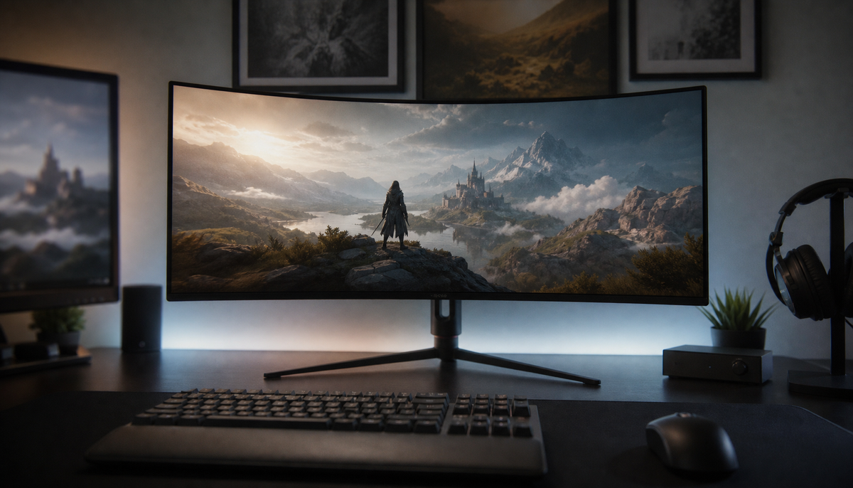 Curved 1440p ultrawide monitor on a gaming desk with cool ambient backlighting