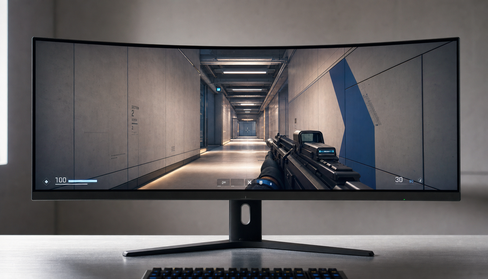Curved ultrawide gaming monitor displaying a first-person game view with straight wall geometry, demonstrating correct FOV settings without fisheye distortion