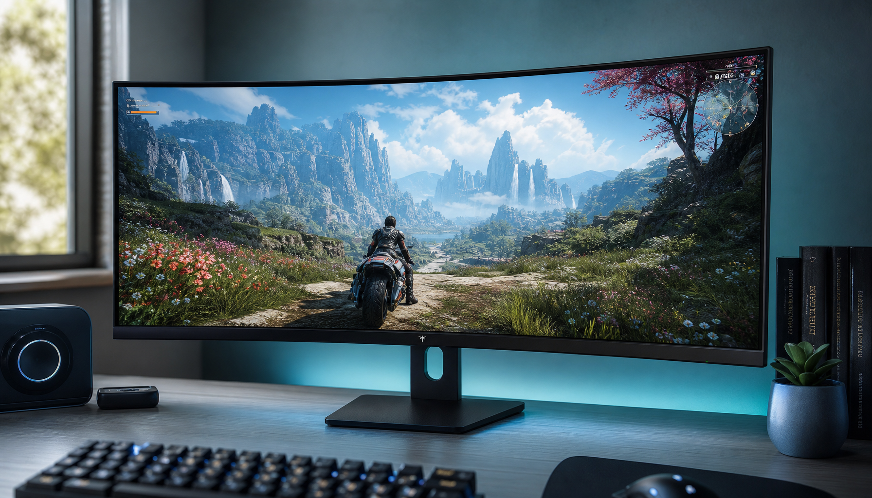 Curved ultrawide gaming monitor displaying a full 21:9 game scene on a clean gaming desk setup