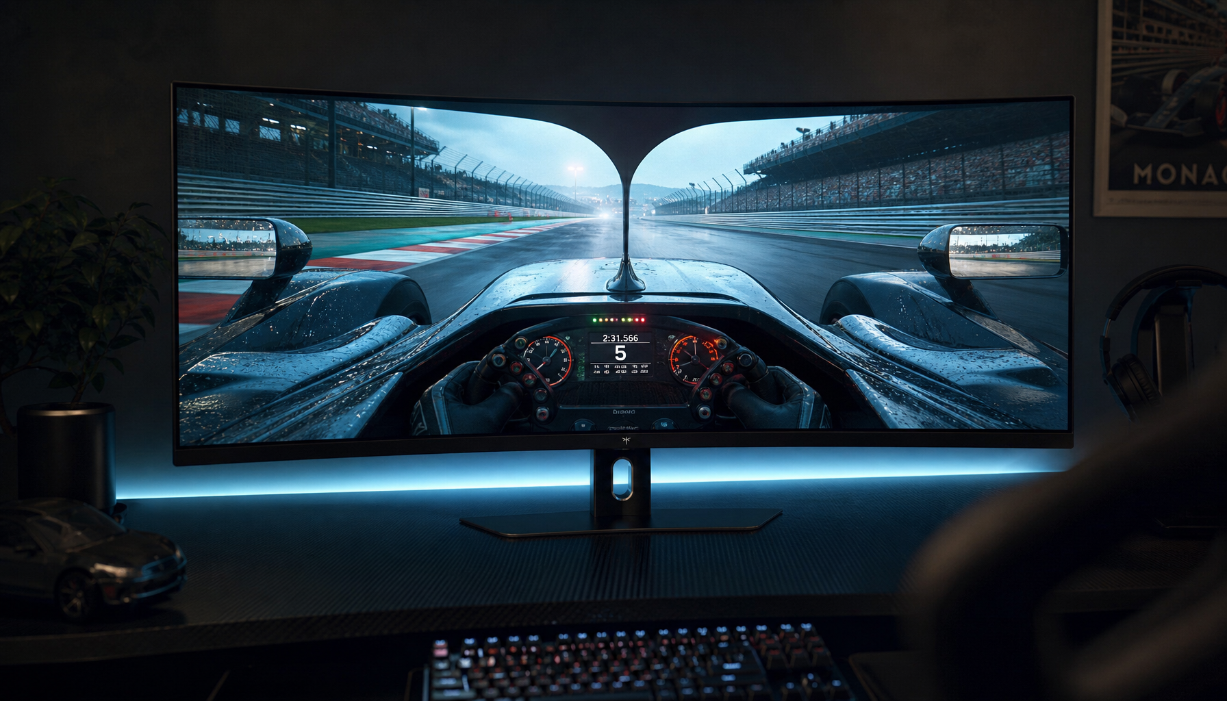 Curved ultrawide gaming monitor displaying a racing sim cockpit view in a dark gaming setup