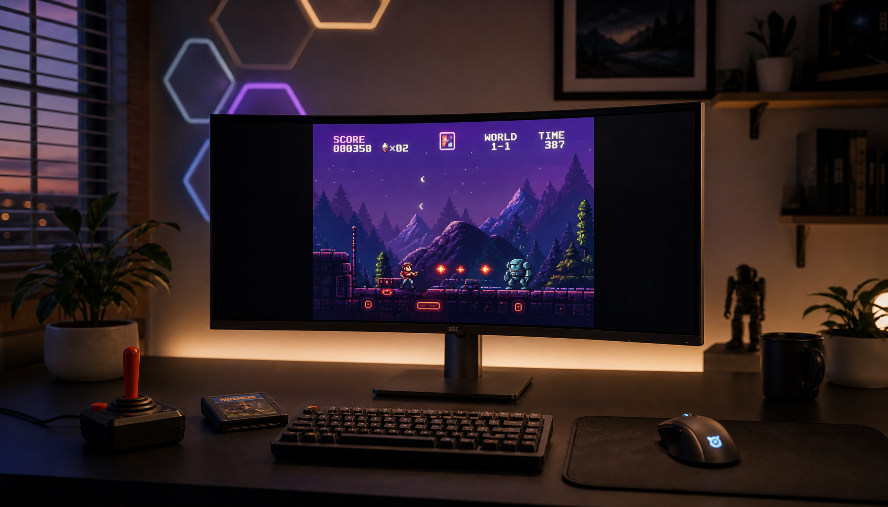 Curved ultrawide gaming monitor displaying a retro game with black side bars preserving the original aspect ratio on a modern gaming desk