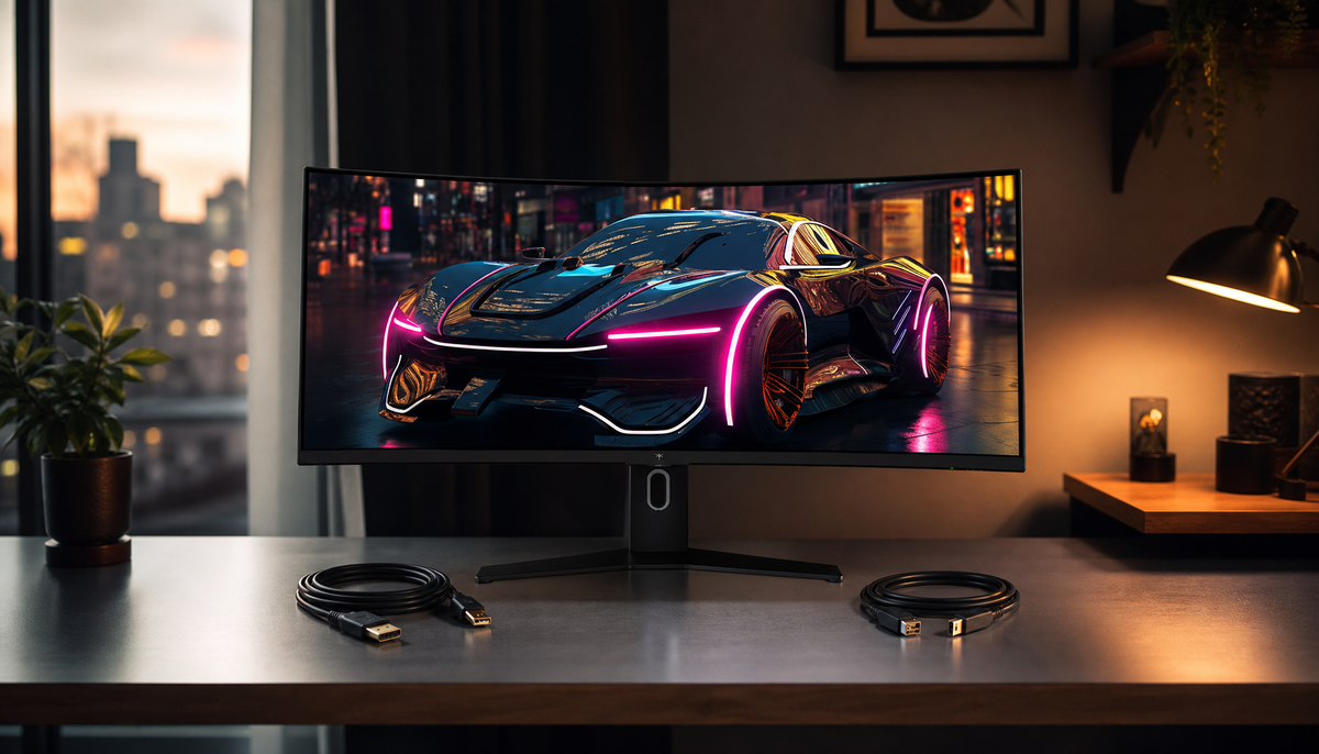Curved ultrawide gaming monitor displaying a sharp, correctly proportioned desktop on a clean home office desk
