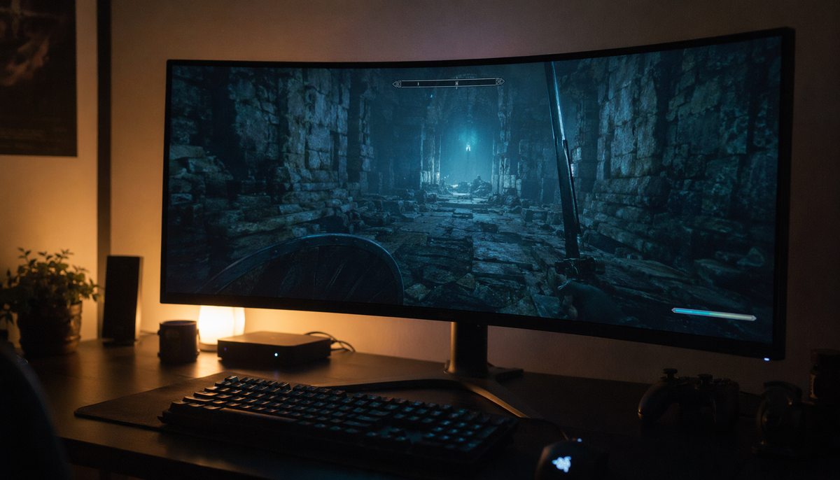 Curved ultrawide gaming monitor displaying an immersive first-person adventure game scene in a dark gaming setup