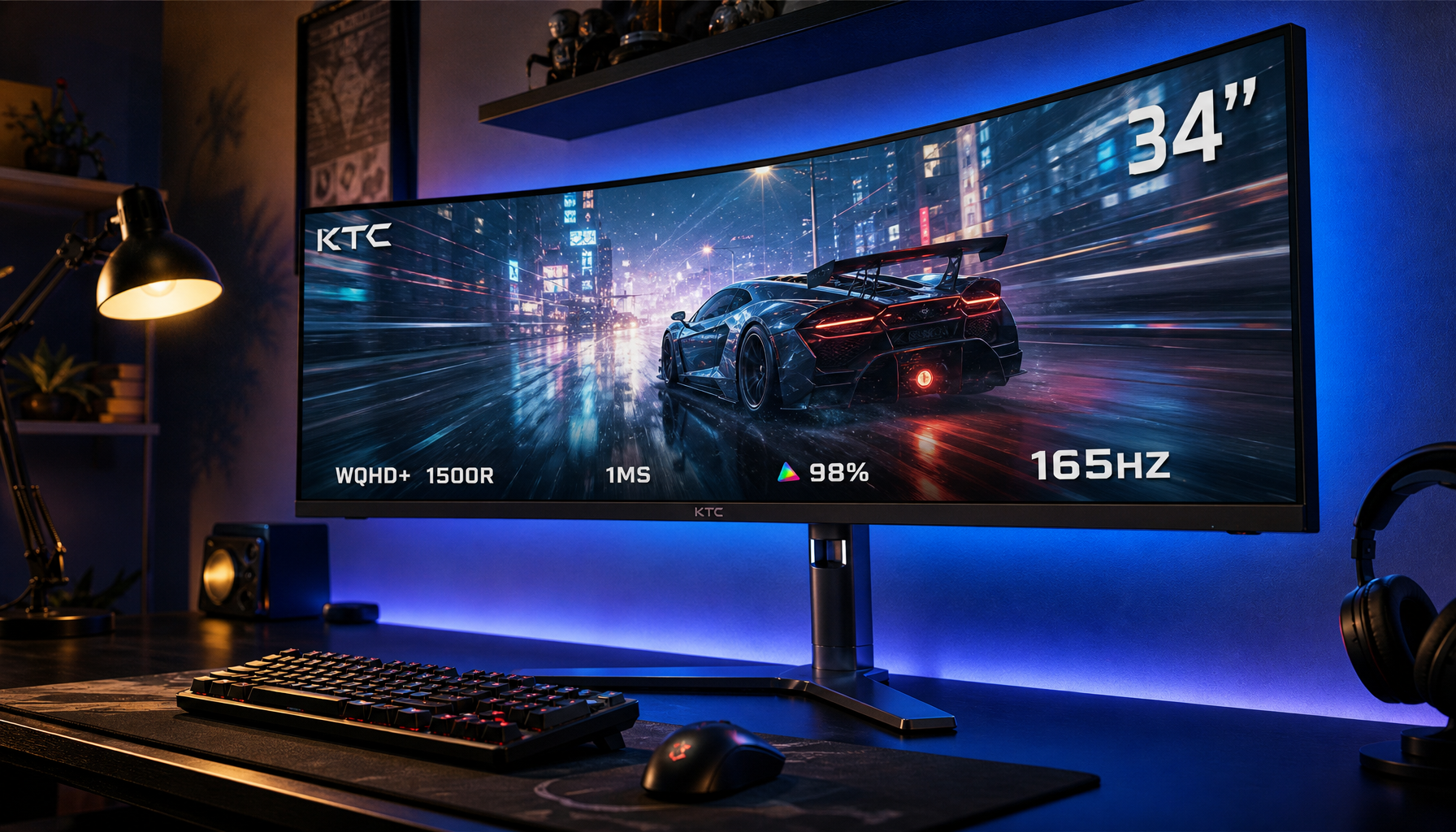 Curved ultrawide gaming monitor on a dark desk setup with ambient RGB lighting, illustrating the immersive scale of large-format displays