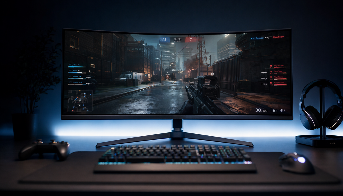 Curved ultrawide gaming monitor showing a competitive shooter with wide field of view visible on both flanks