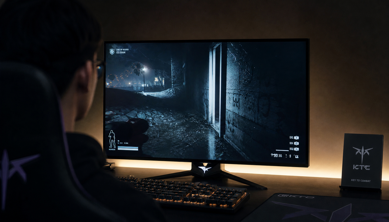 Dark gaming room with monitor glowing as the primary light source and soft rear bias lighting behind the display