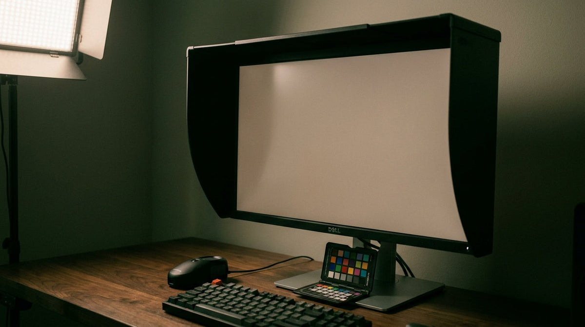 Desktop monitor with a matte black hood attached to reduce glare during color-critical editing work