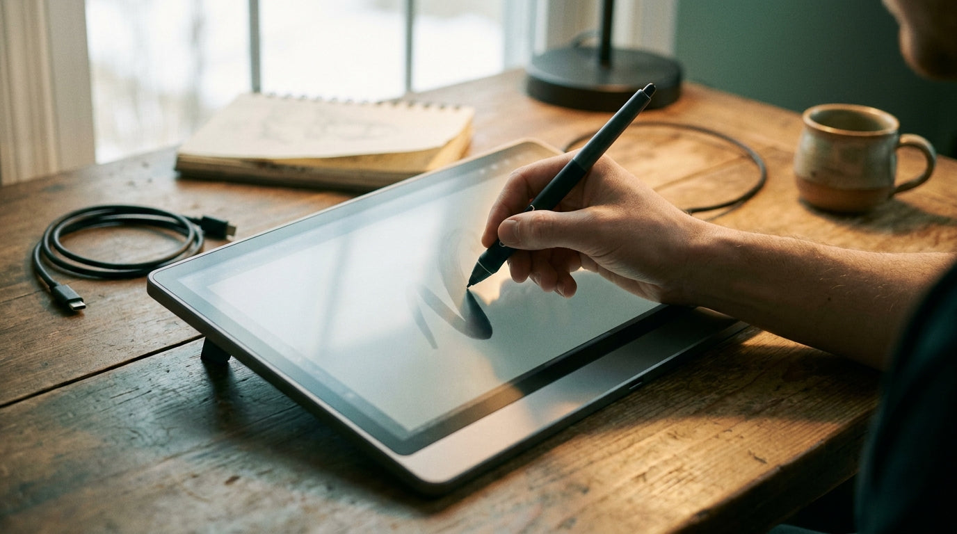 Digital artist drawing on a portable touchscreen monitor using an active stylus on a wooden desk