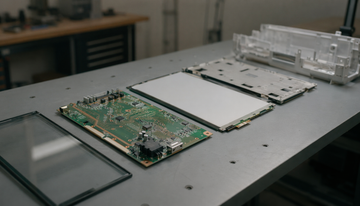 Disassembled flat-panel monitor with circuit board, LCD layers, and housing laid out on an industrial workbench, illustrating the materials inside a modern display
