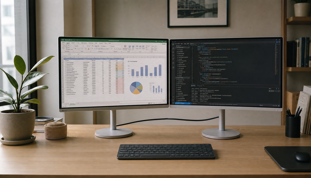 Dual 27-inch monitors connected via DisplayPort daisy chain on a clean home office desk
