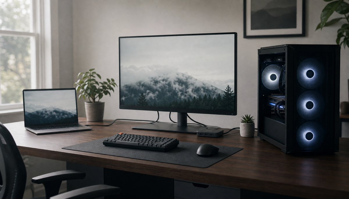 Dual-computer desk setup with a gaming tower and laptop both connected to a single monitor via HDMI and USB-C cables
