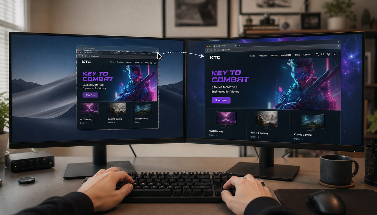 Dual-monitor desk setup with hands on keyboard using shortcuts to move a window between screens