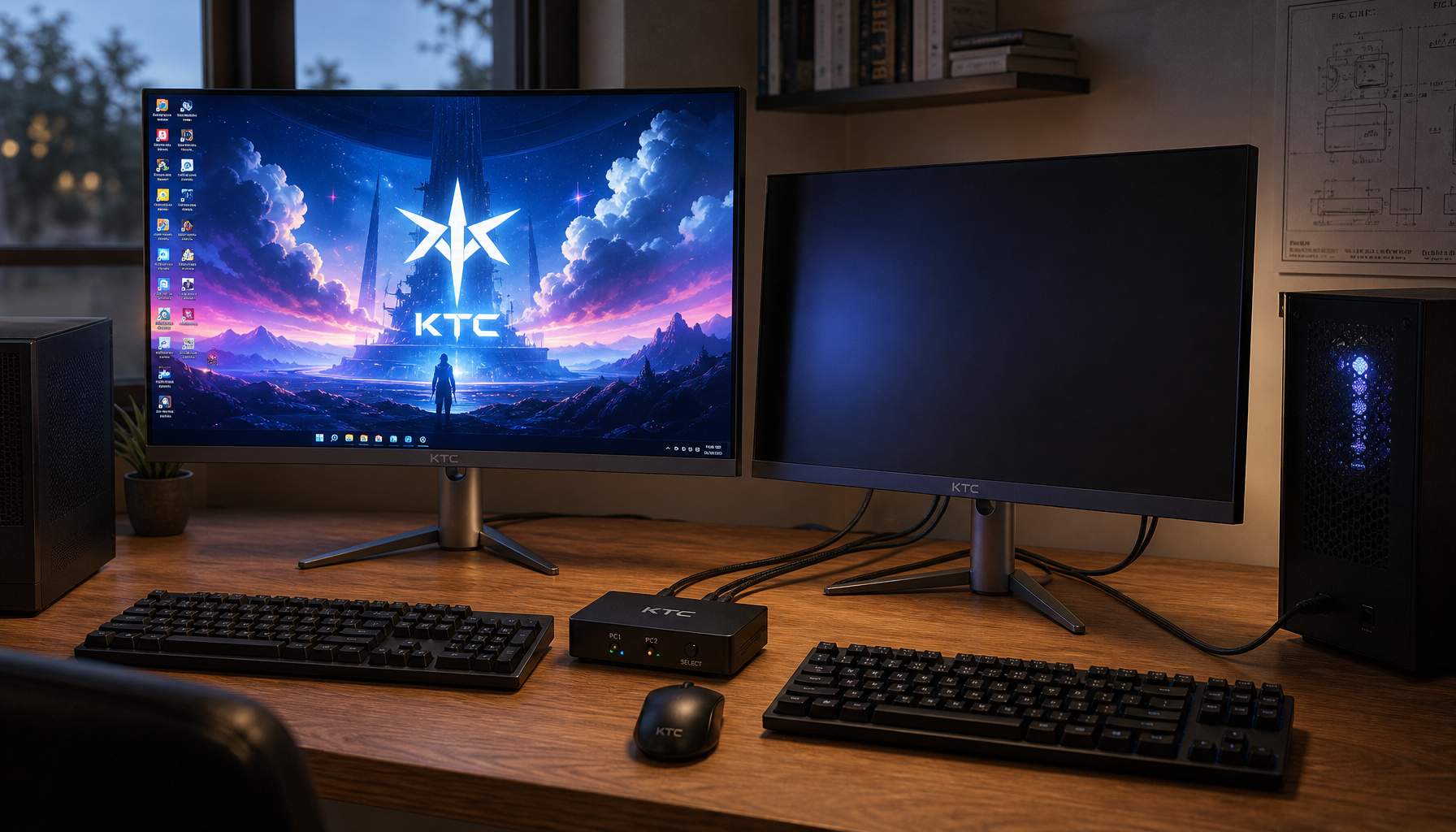 Dual-monitor desk setup with one active screen and one black monitor after a KVM switch, illustrating the common second display signal failure