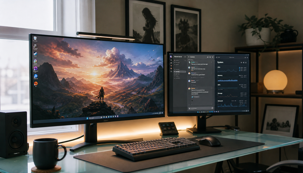 Dual-monitor desk setup with taskbars aligned at the bottom of both displays, creating a unified workspace for gaming and productivity