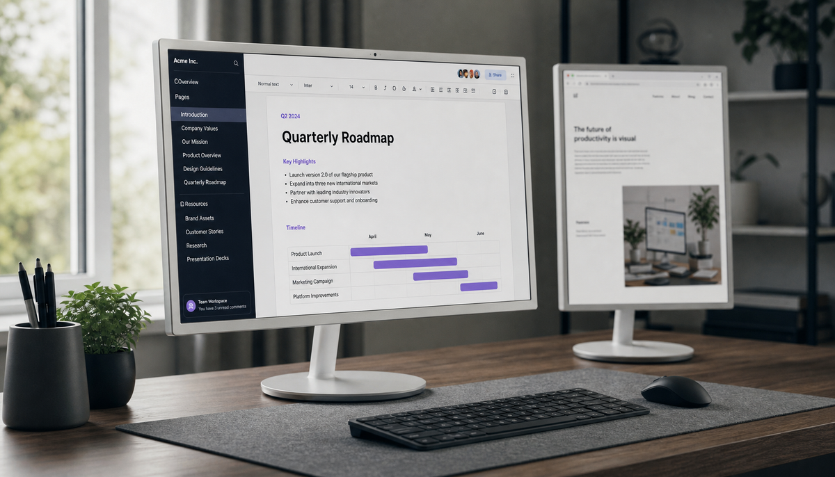 Dual monitor desk setup with the primary display showing an active document and secondary monitor used for reference