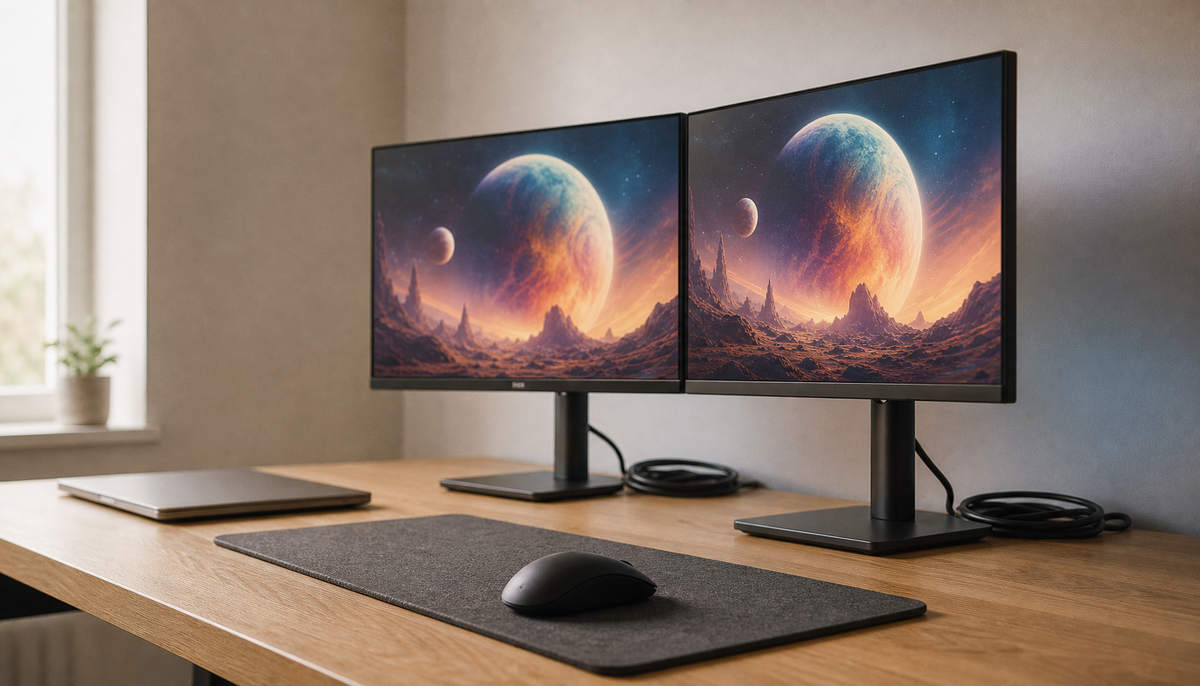 Dual-monitor home office desk with laptop, wireless mouse, and USB-C cables showing a multi-computer switching workspace