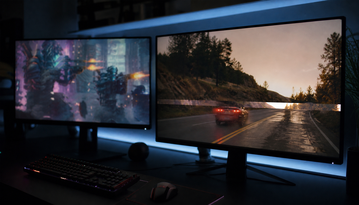 Dual monitor setup showing screen tearing artifact on one display while the other remains clean