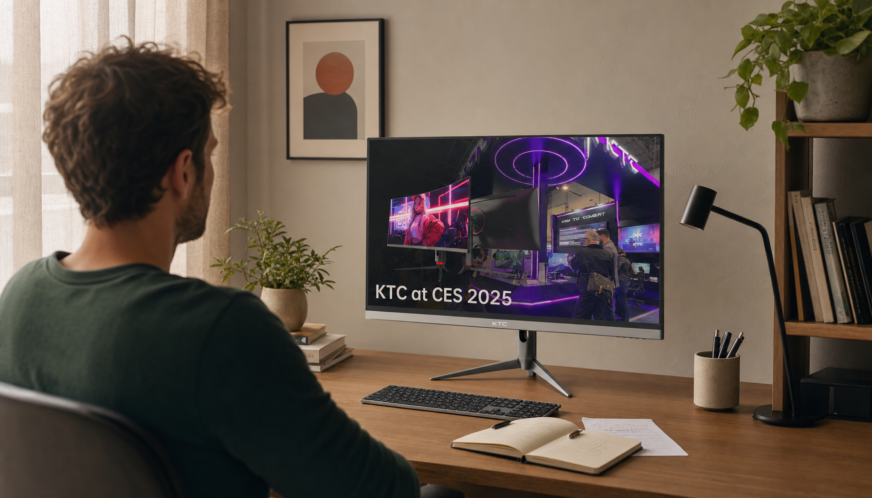 Ergonomic desk setup with monitor against a softly lit matte wall, demonstrating a balanced eye-friendly home office environment