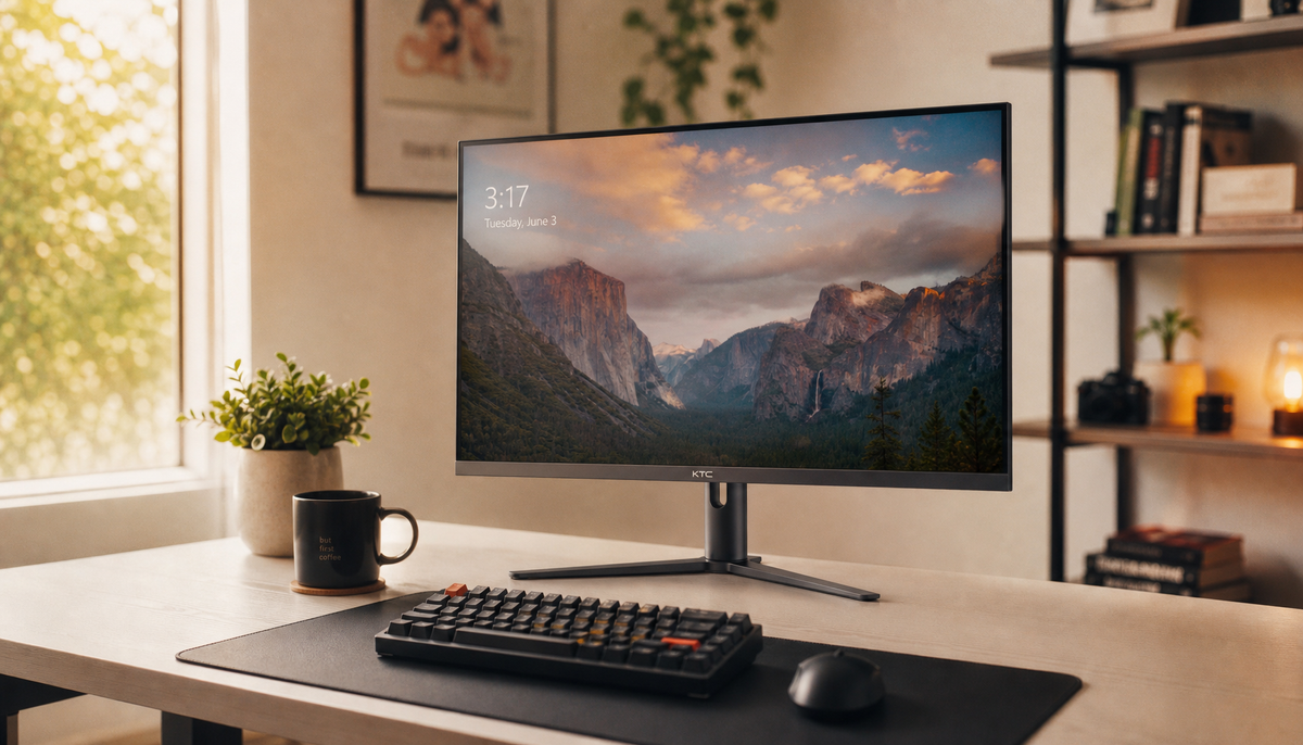 Ergonomic desk setup with monitor, keyboard, and mouse arranged in a comfortable triangle for sustained productivity