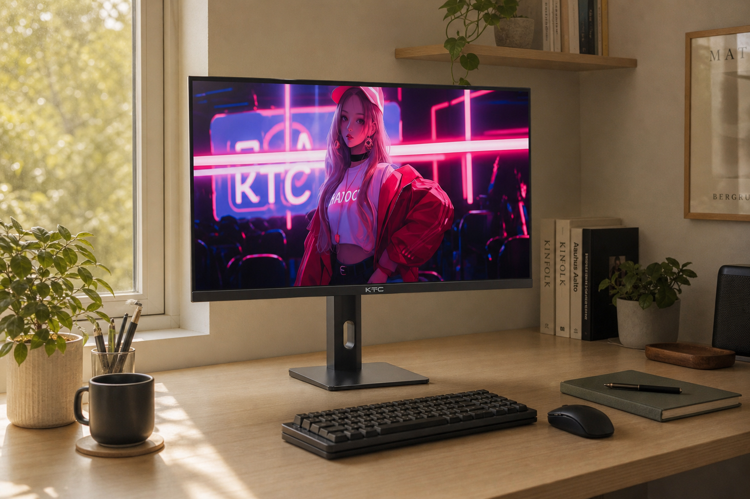 Ergonomic home office desk with a 27-inch monitor positioned at arm’s length and eye level