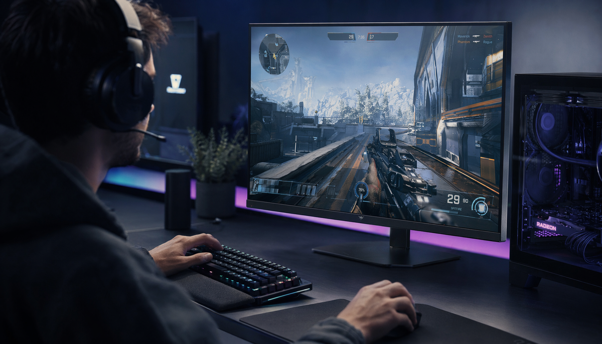 Esports player competing at a high-refresh-rate gaming monitor optimized for low resolution and maximum FPS