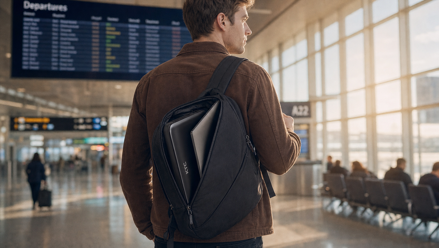 Frequent traveler at airport terminal with tech backpack open, showing a portable monitor sleeve tucked vertically alongside a laptop