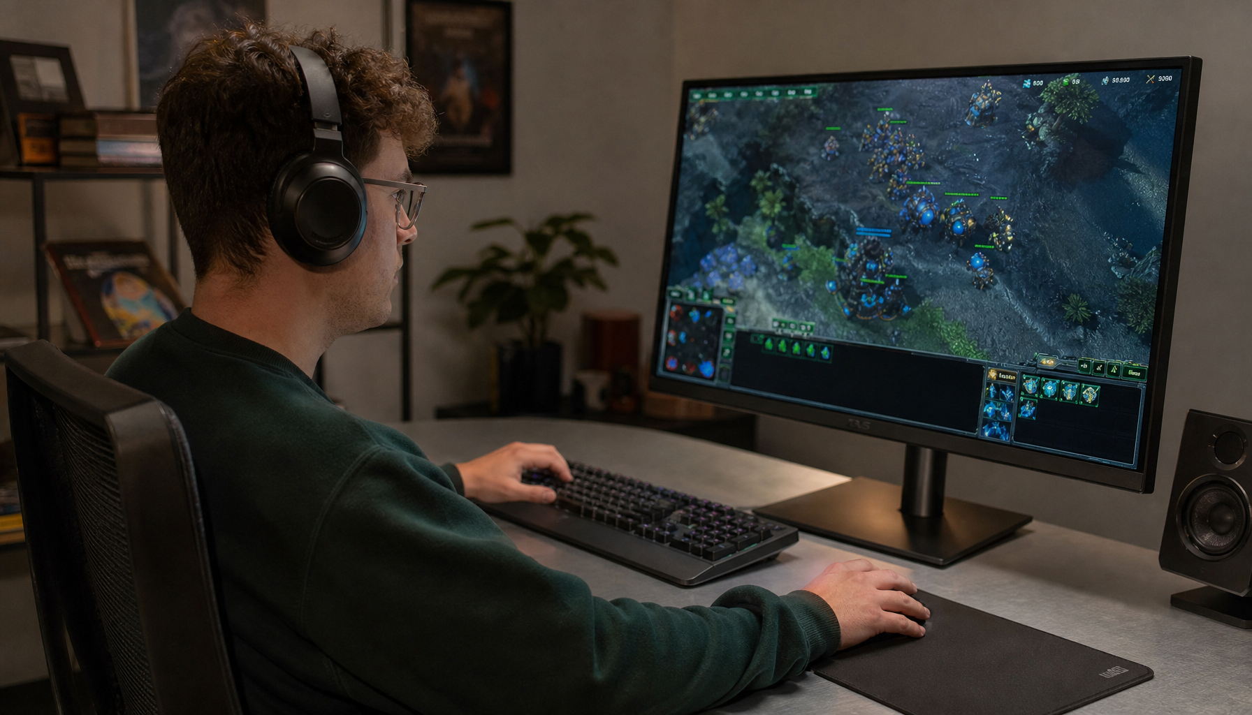 Gamer at a desk tracking multiple units on a real-time strategy game displayed on a flat gaming monitor