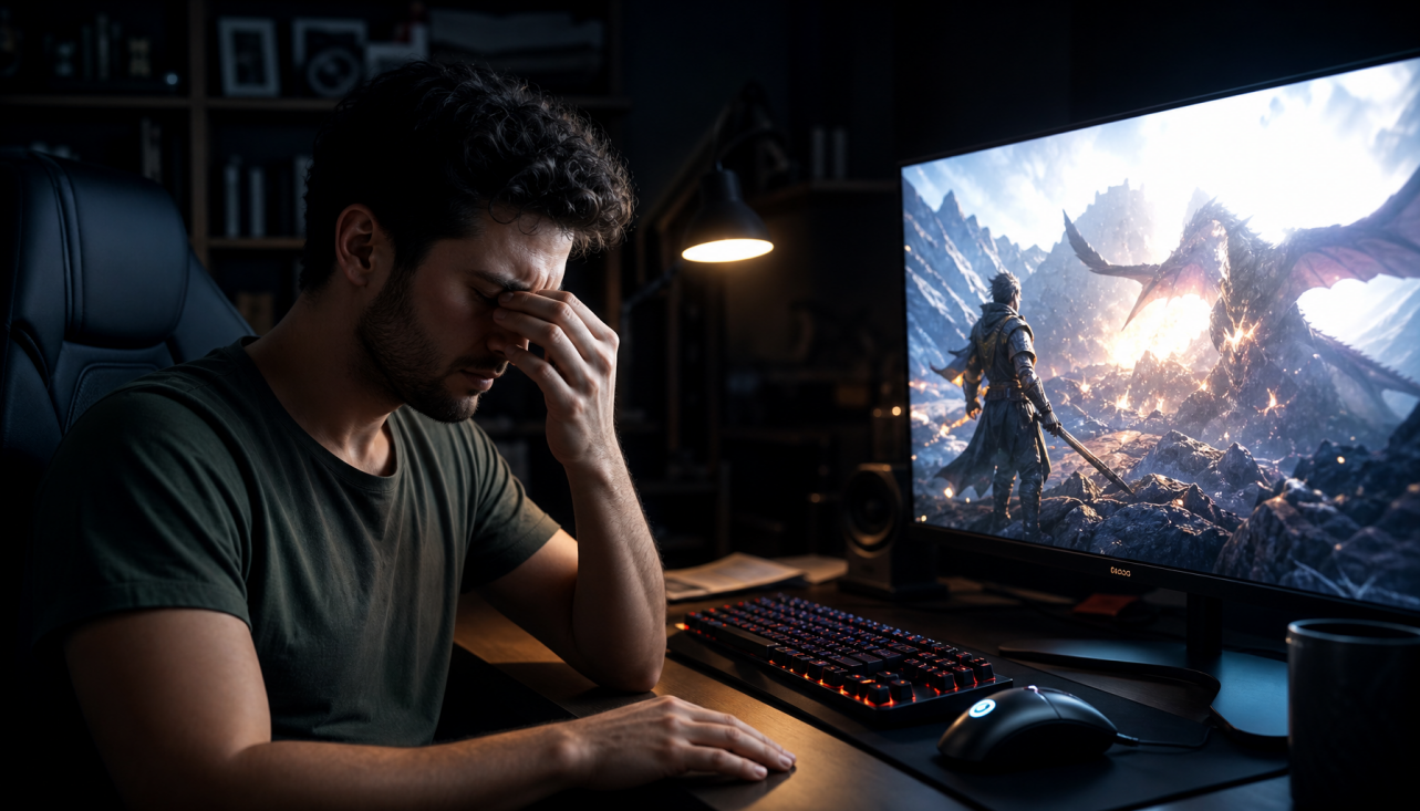 Gamer experiencing eye strain from HDR monitor brightness in a dark room