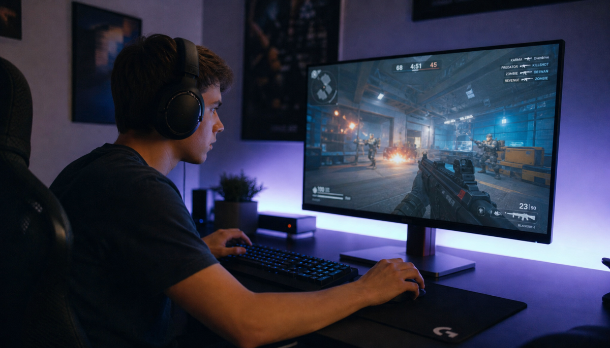 Gamer focused on a gaming monitor in a dimly lit setup, illustrating eye strain during long gaming sessions