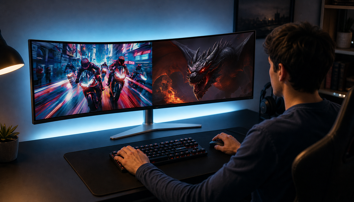 Gamer sitting at the ideal viewing distance from a curved ultrawide monitor for full immersion