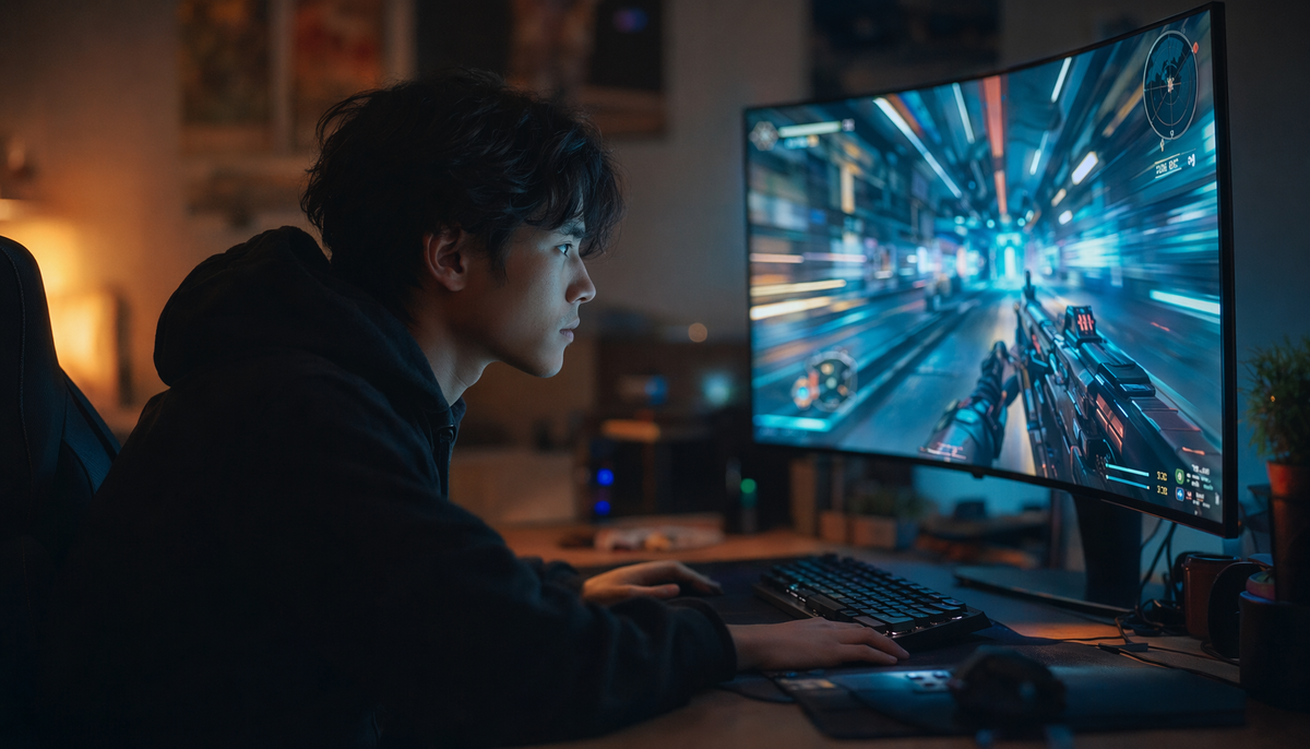 Gamer sitting too close to a large monitor in a dark room, looking tense during a fast first-person game