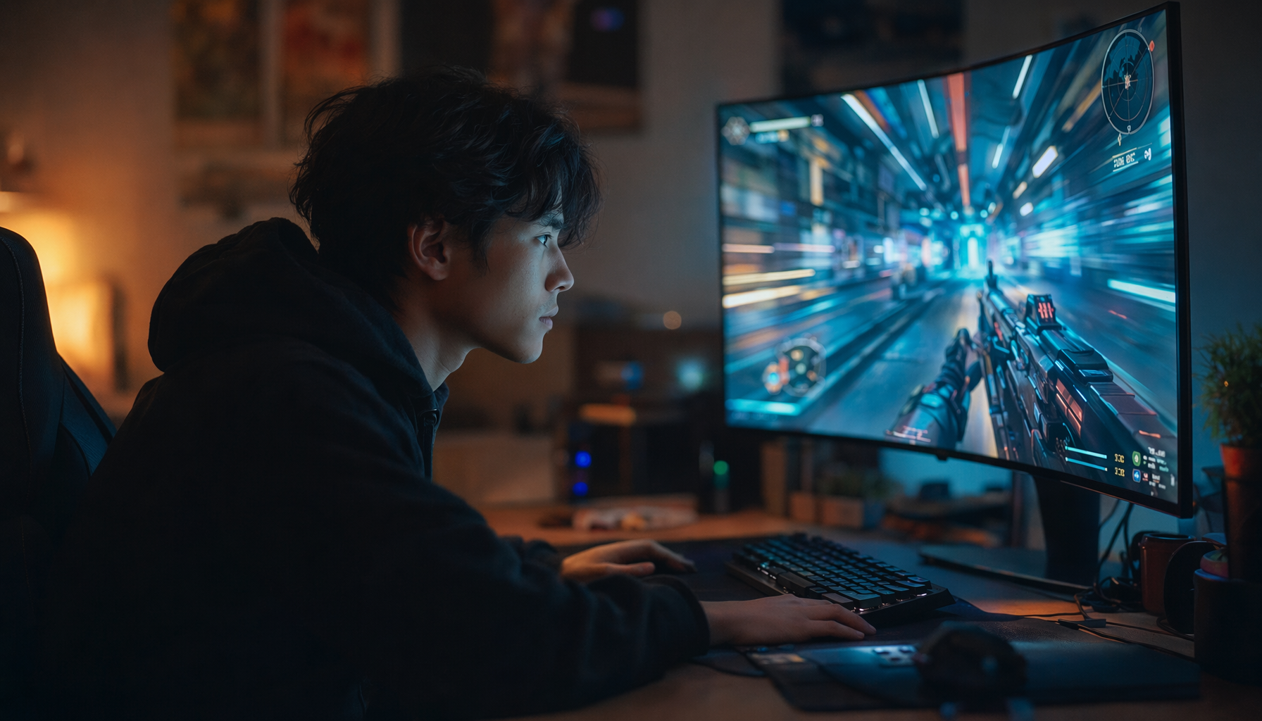 Gamer sitting too close to a large monitor in a dark room, looking tense during a fast first-person game