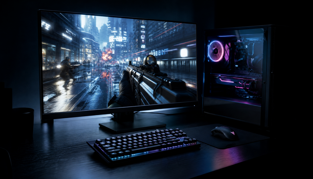 Gaming PC setup with 240Hz monitor showing how GPU power drives high refresh rate 1080p gaming