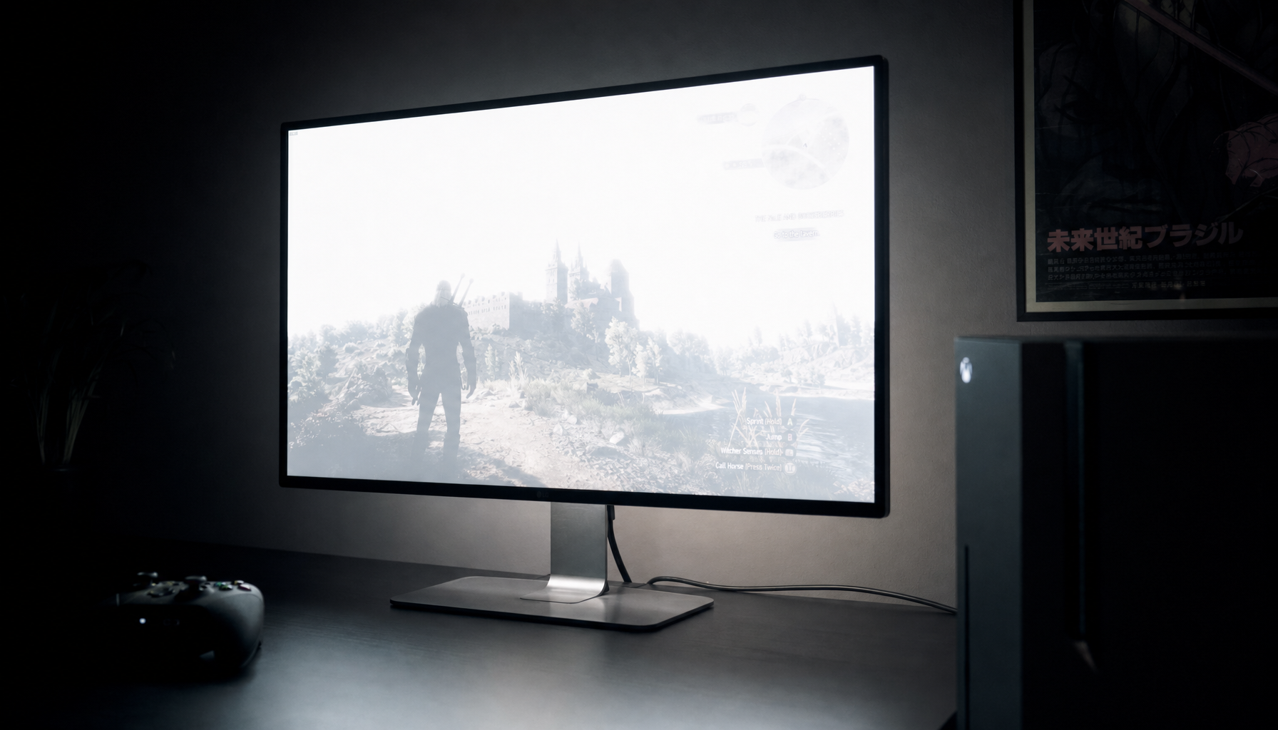 Gaming console and monitor on a dark desk displaying an over-bright washed-out HDR scene with crushed shadows