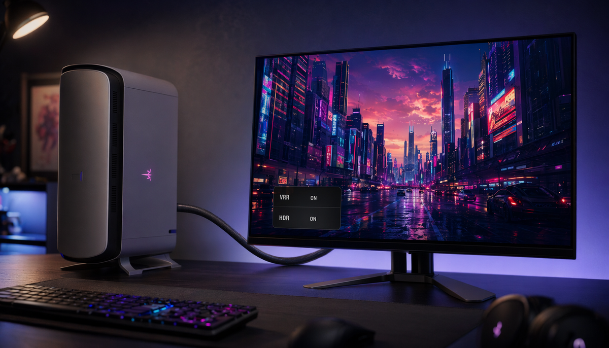 Gaming console connected to a 27-inch monitor with VRR and HDR both active, showing a vivid HDR gaming scene