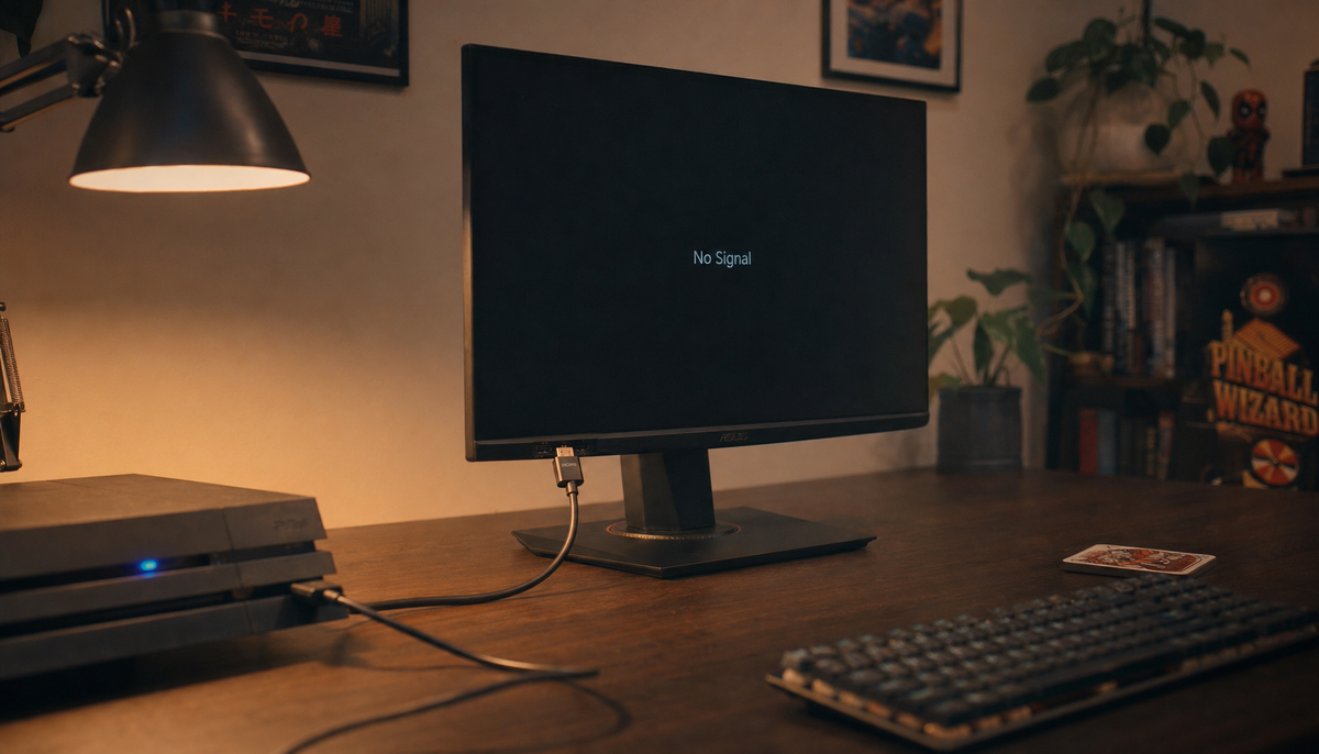 Gaming console connected to a monitor displaying No Signal after switching HDMI cables on a home gaming desk