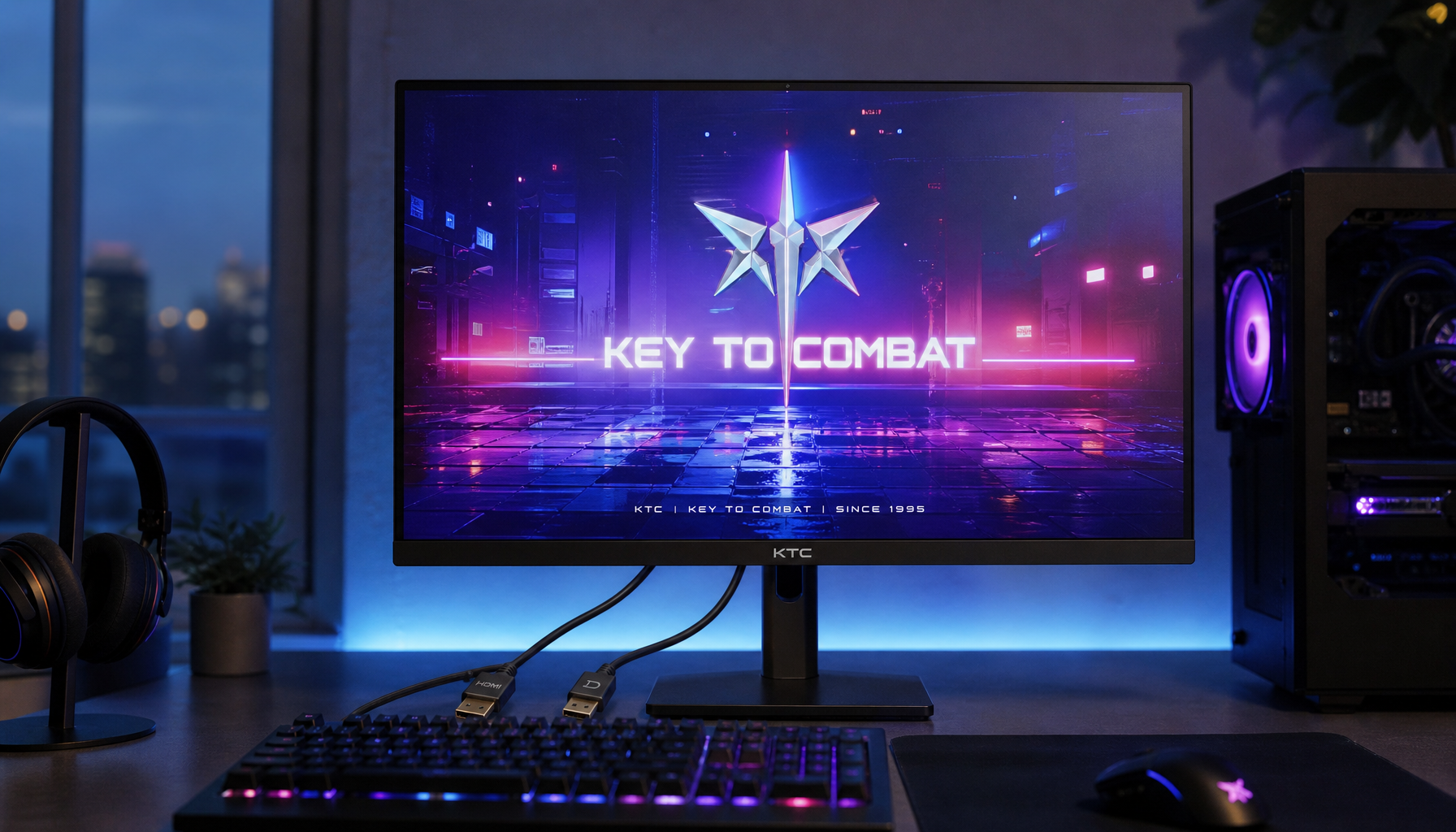 Gaming desk setup with 4K monitor and DisplayPort and HDMI cables connected
