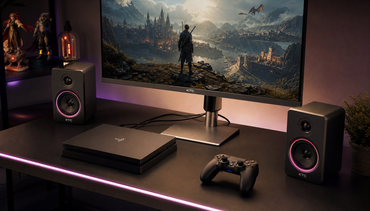 Gaming desk setup with a console, monitor, and external desktop speakers connected via HDMI and audio cables