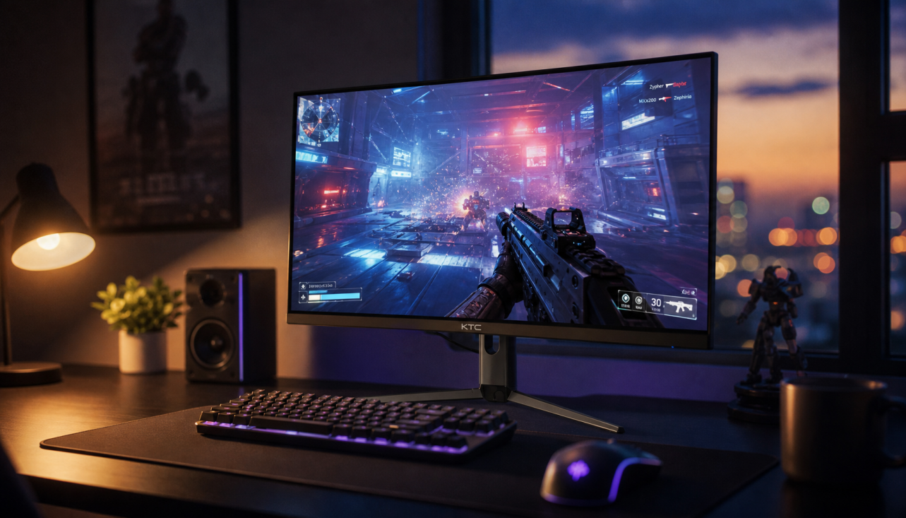 Gaming desk setup with a high-refresh-rate monitor displaying a fast-paced game, illustrating the smooth motion experience of 165Hz displays