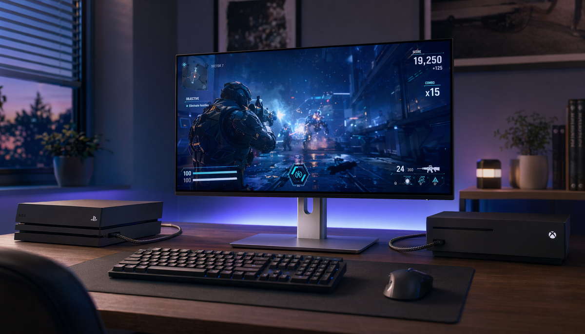 Gaming desk setup with dual-HDMI 2.1 monitor connected to two consoles simultaneously, ready for 4K 120Hz switching